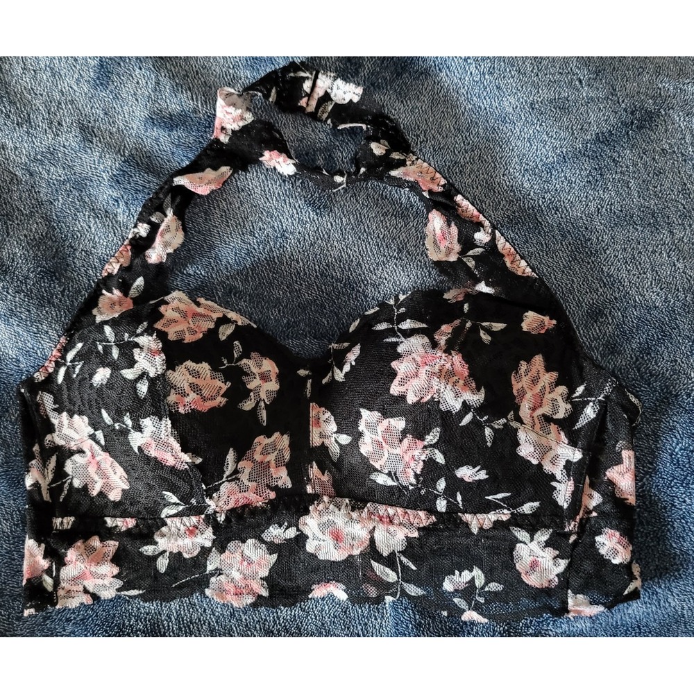 Victoria's Secret PINK Bra M Floral Halter Black White Wireless